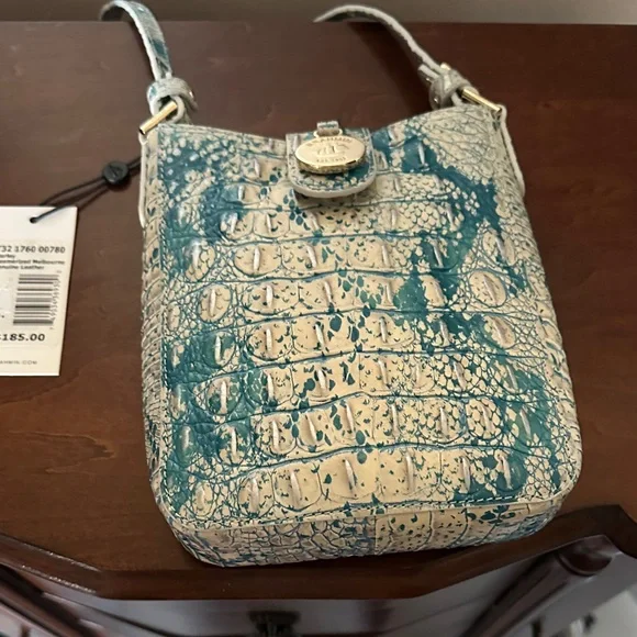 Brahmin Teal and Cream Croc-Embossed Crossbody Bag - Picture 3 of 11